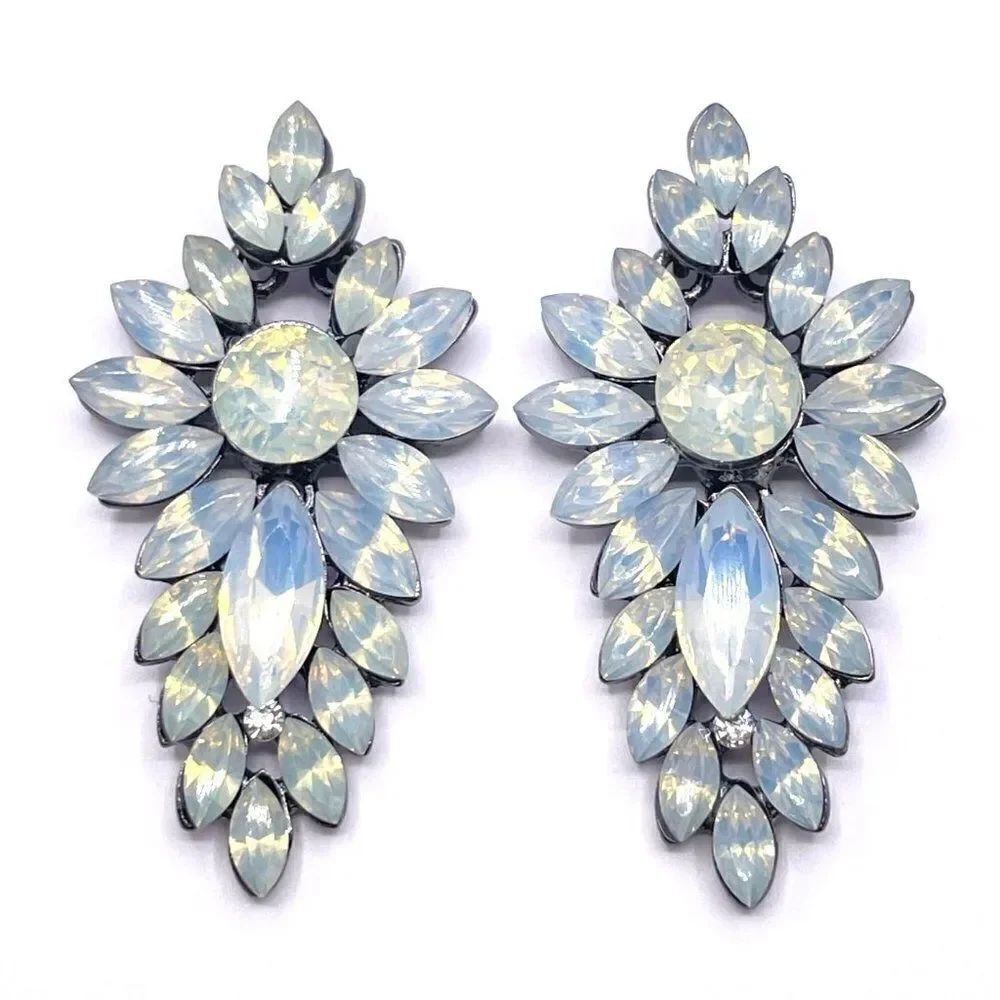 Gunmetal with Milky White and White Crystal Post Back Statement Earrings